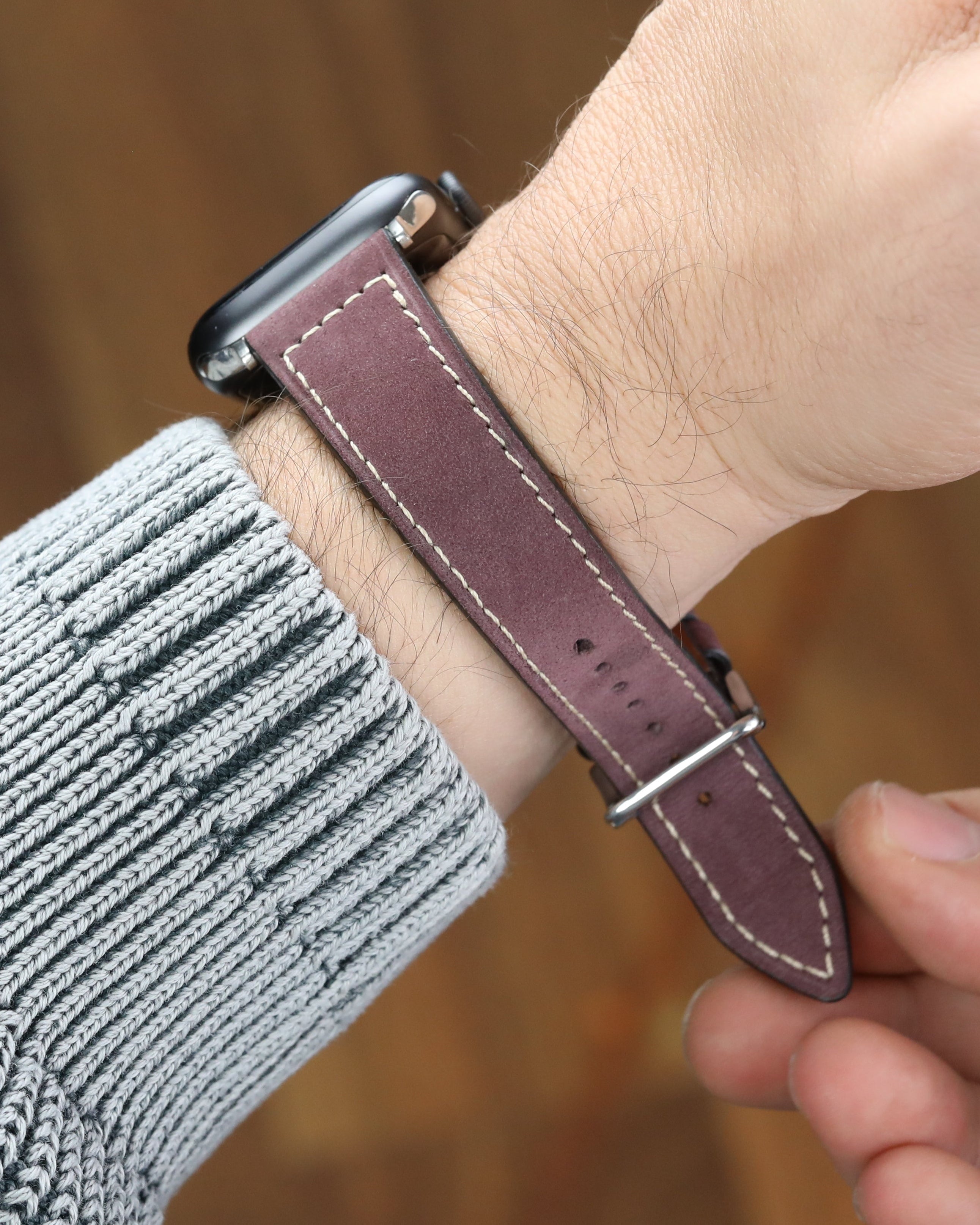 Bordo renkli gerçek deri el yapımı antialerjik arka derili apple watch 45 mm ile uyumlu kordon