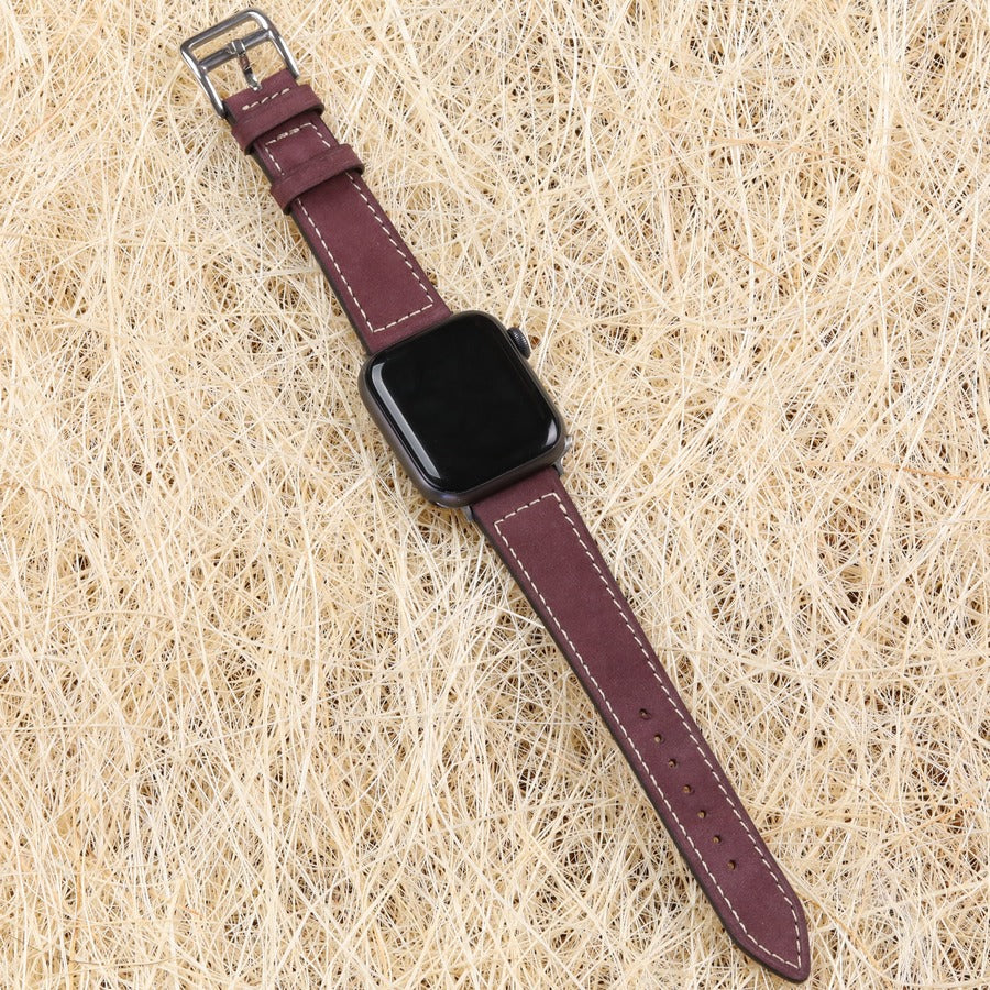 Bordo renkli gerçek deri el yapımı antialerjik arka derili apple watch ile uyumlu kordon