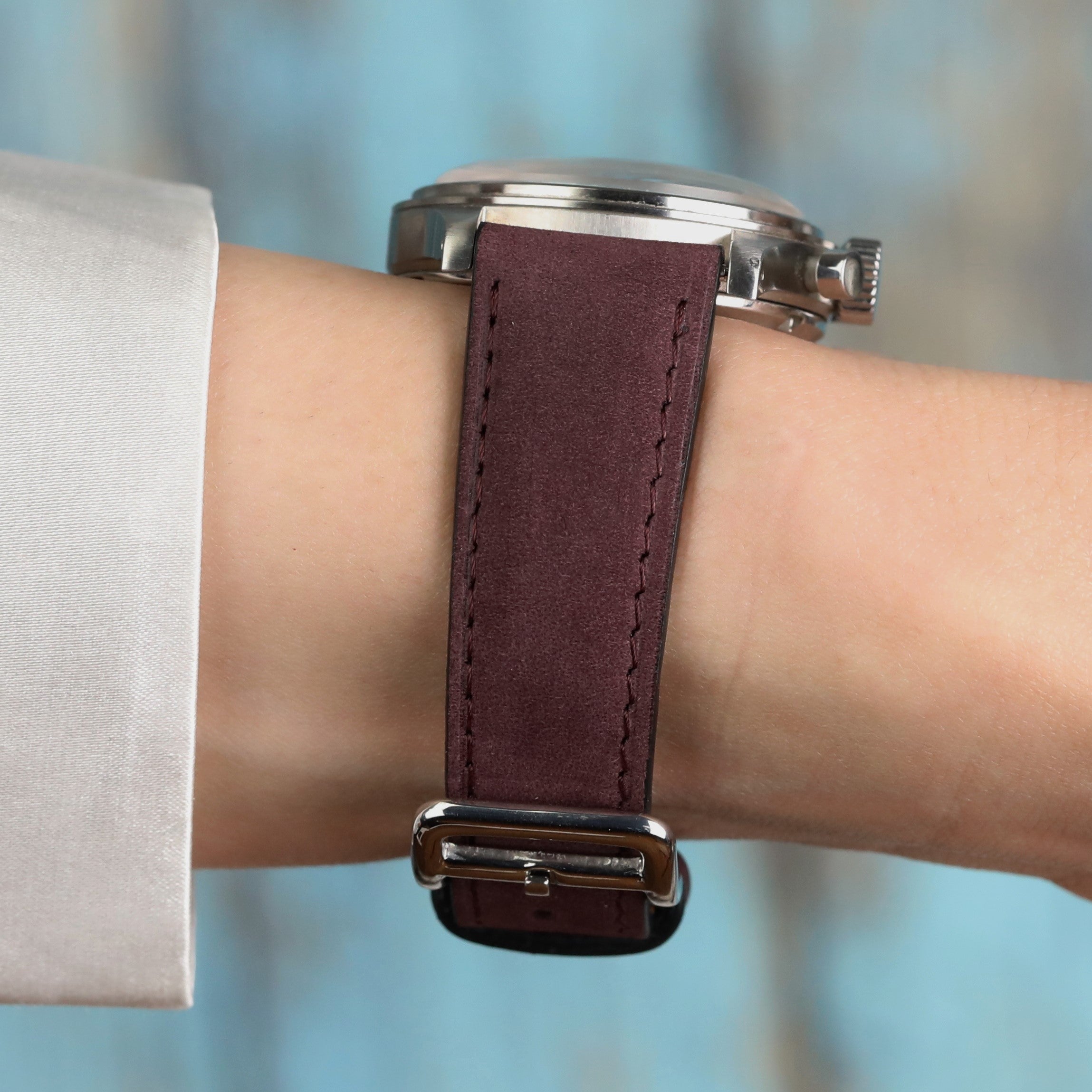 El yapımı bordo renkli akıllı pimli dikişli deri saat kordonu