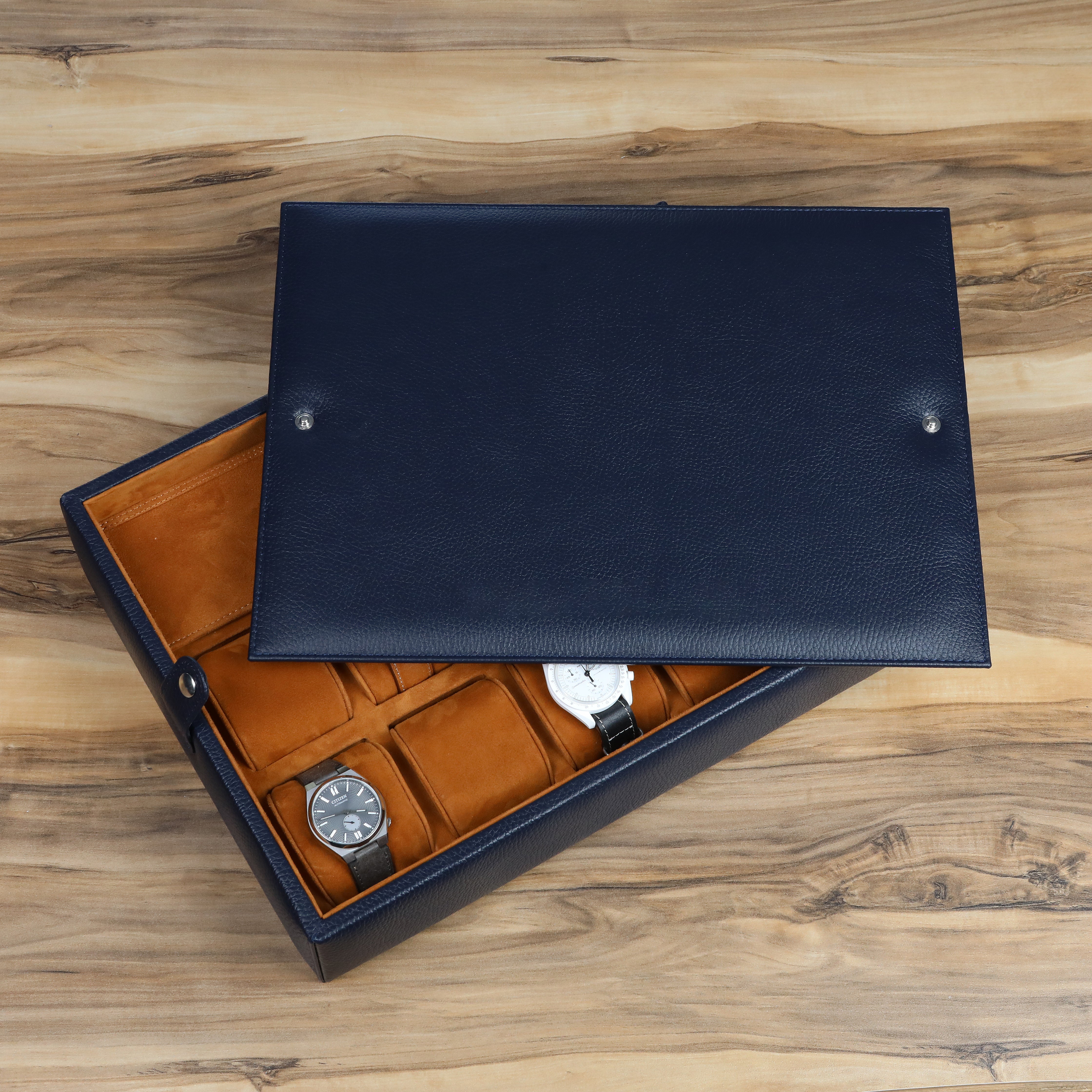 dışı lacivert renkli dana derisi içi oğlak süet çoklu saat kutusu