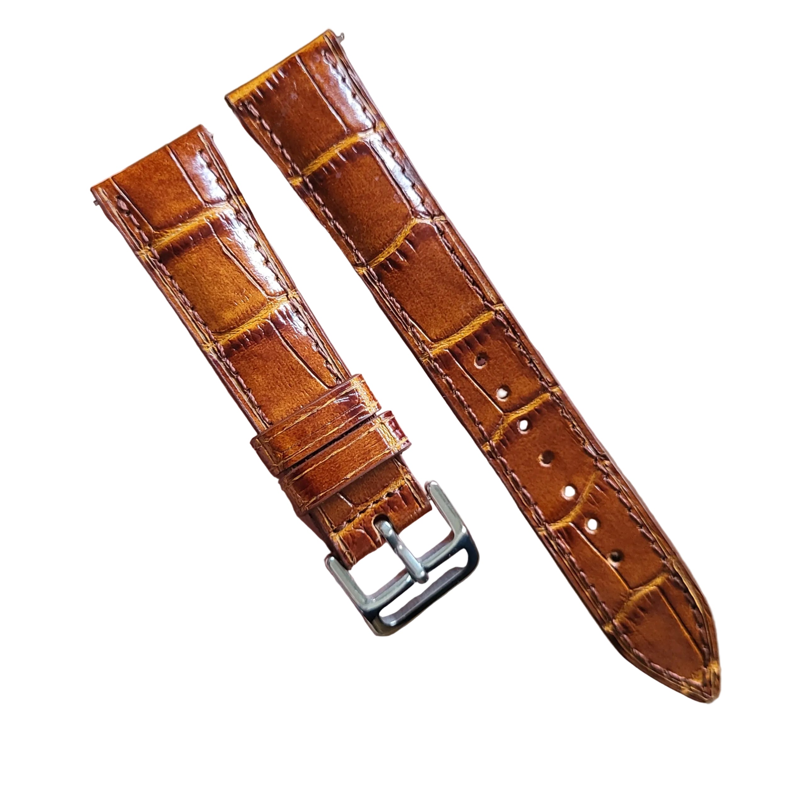 Gerçek deri el yapımı kahverengi renk kroko baskılı deri kordon