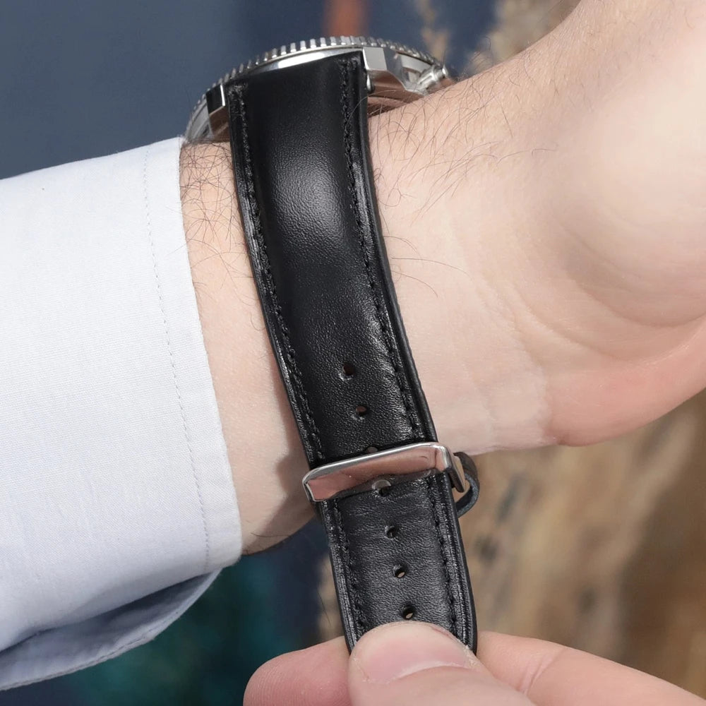 El yapımı siyah renkli akıllı pimli dikişli deri saat kordonu