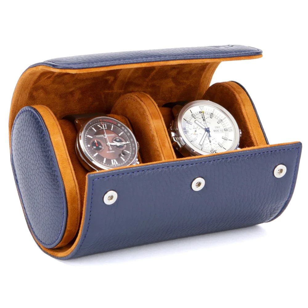 Dışı lacivert renkli dana derisi içi oğlak süet ikili saat kutusu