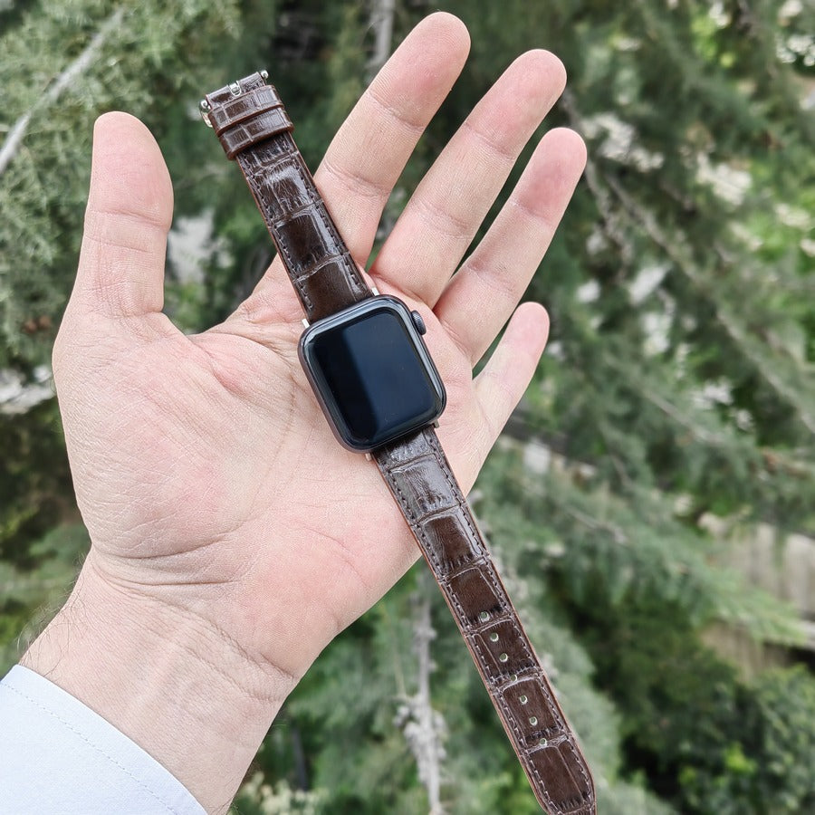 Kahverengi renkli gerçek deri el yapımı antialerjik arka derili apple watch ile uyumlu kordon
