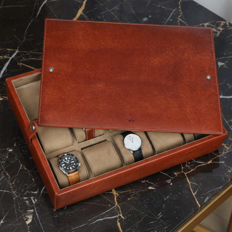 dışı kahverengi içi moka renkli gerçek deri saat saklama kutusu
