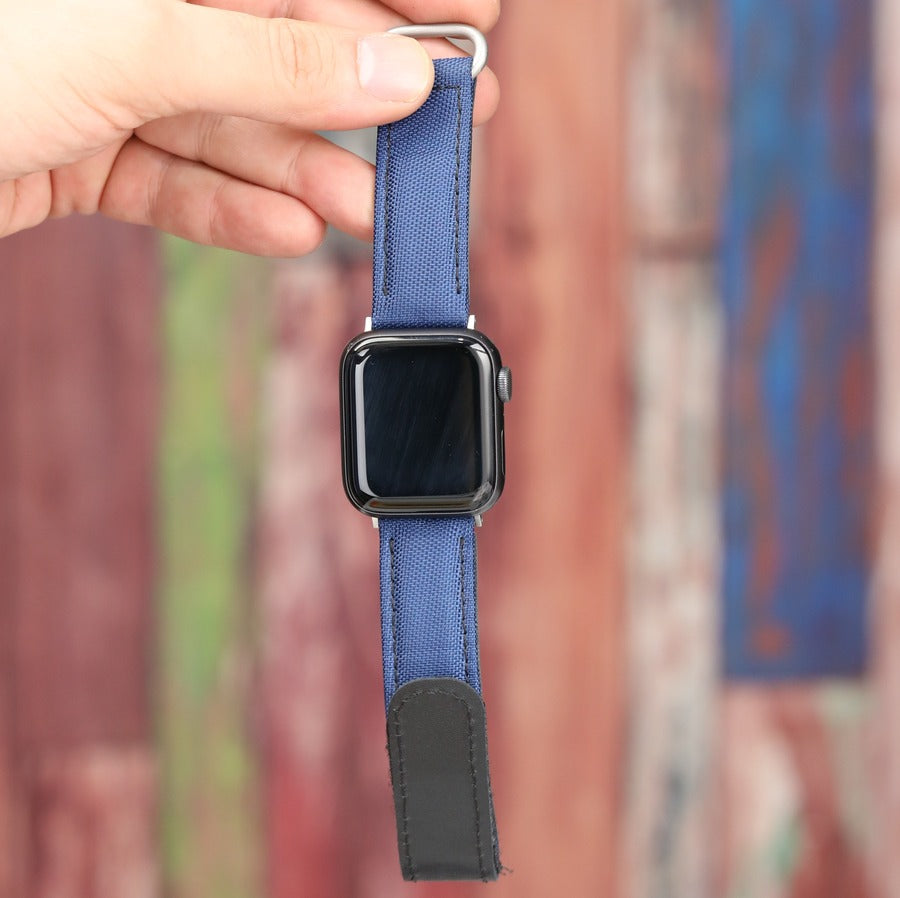 Lacivert kumaş el yapımı antialerjik arka derili apple watch 45mm ile uyumlu kordon