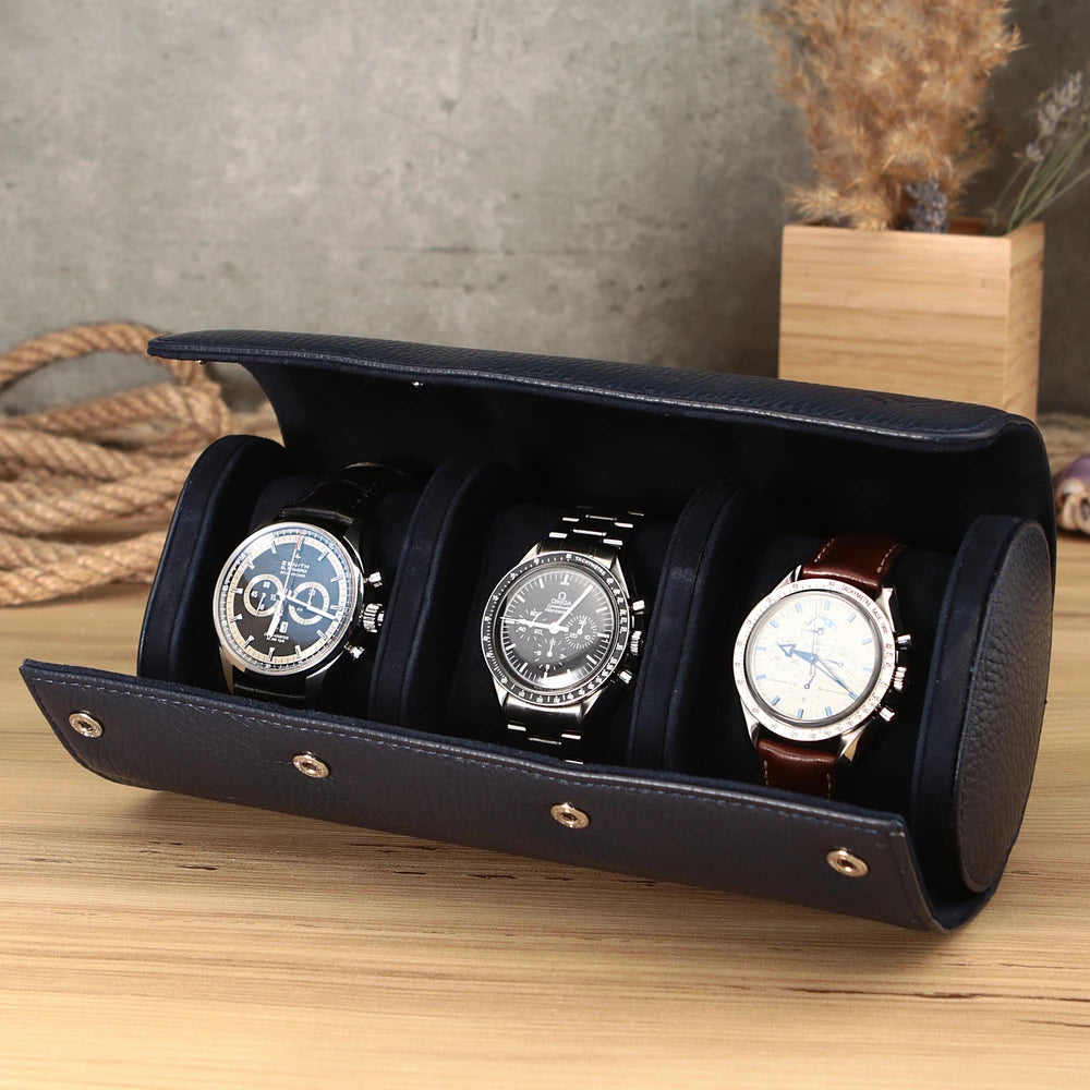 Dışı lacivert renkli dana derisi içi oğlak süet el yapımı deri saat kutusu