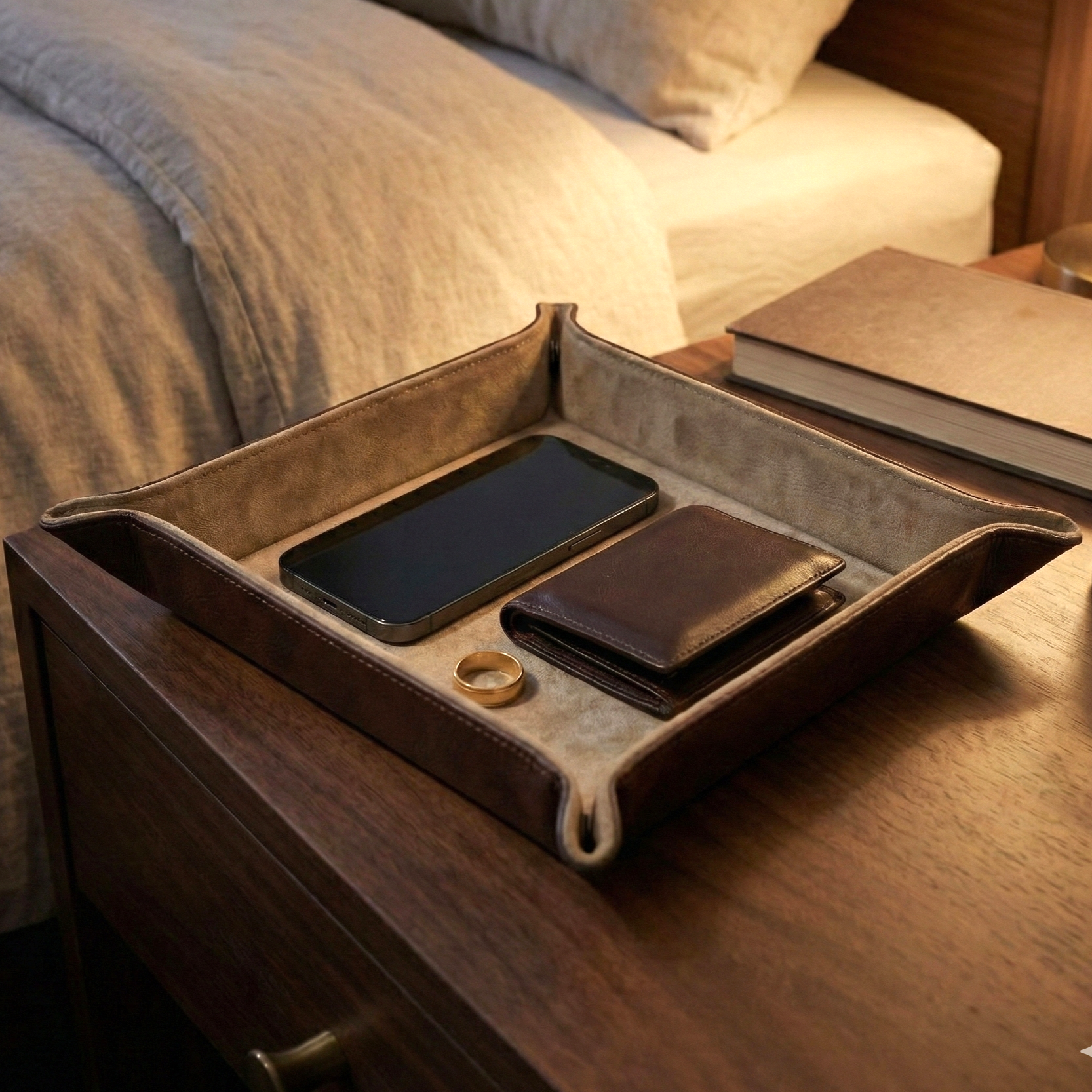 Gerçek deri kahve renk içi süet masaüstü düzenleyici