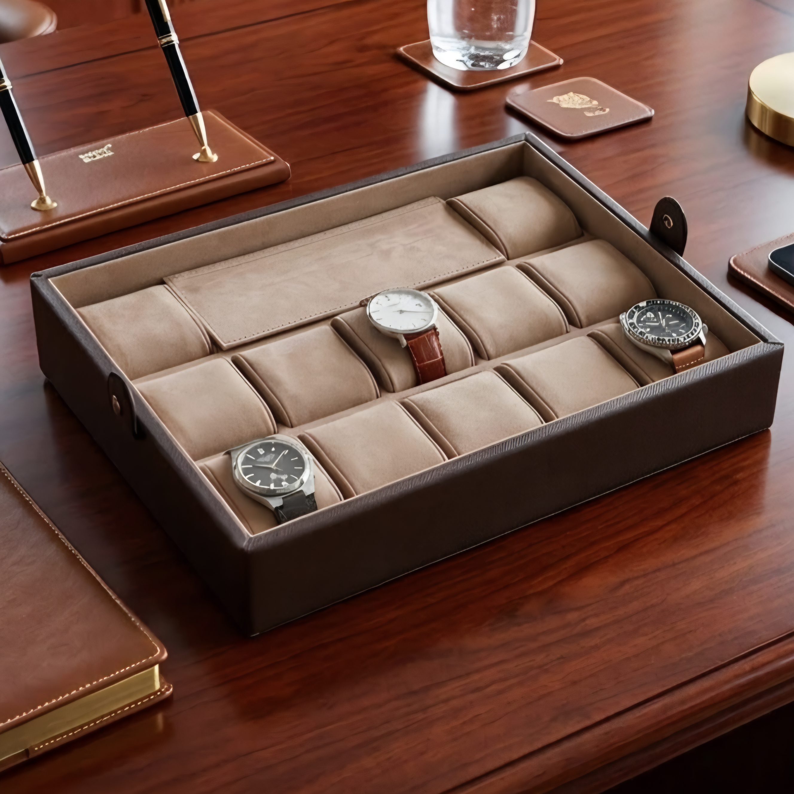 12' li Bolt Deri Saat Koleksiyon Kutusu Kahverengi