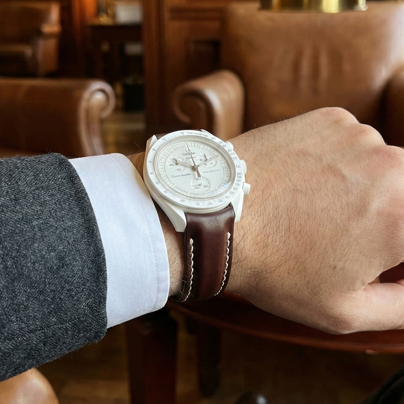 Moonswatch Entegre Deri Kordon Kahverengi