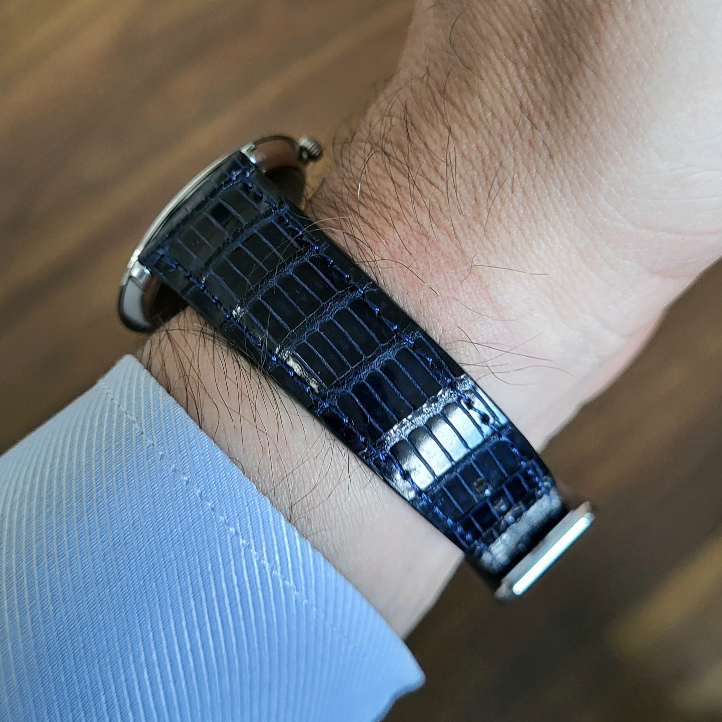 Gerçek egzotik deri el yapımı lacivert akıllı pimli deri kordon