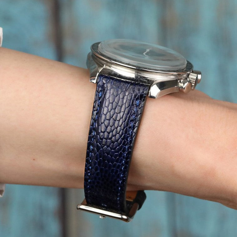 El yapımı lacivert renkli gerçek egzo deri akıllı pimli deri saat kordonu