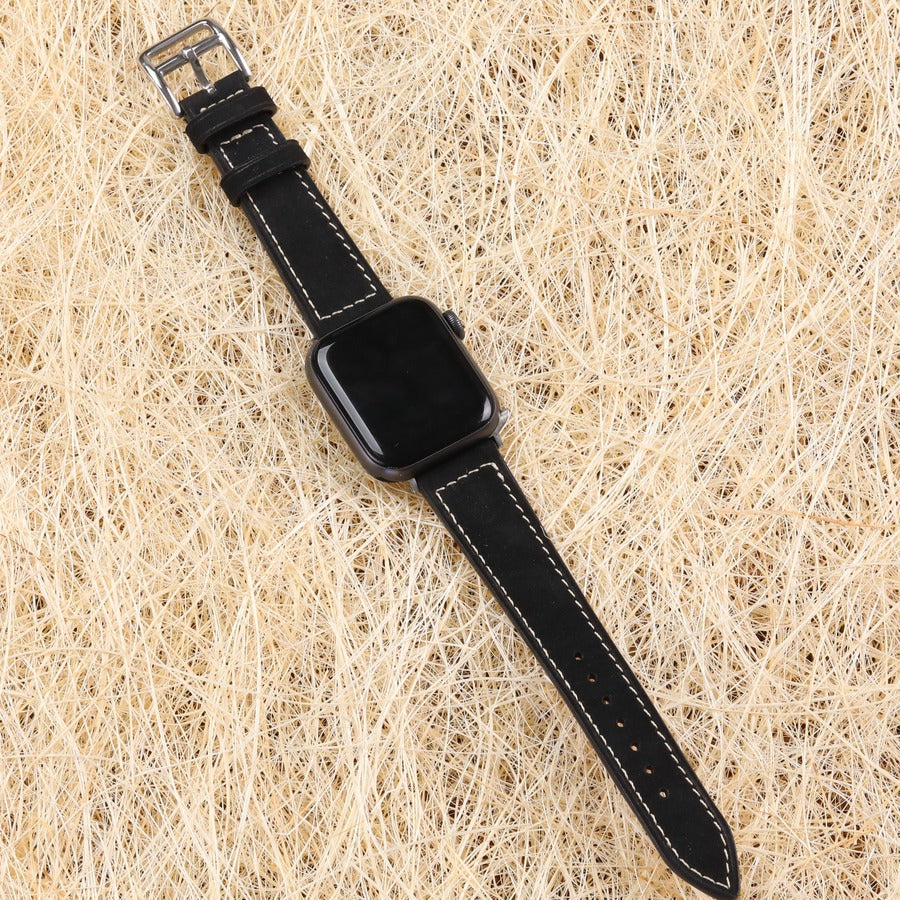 Siyah renkli gerçek deri el yapımı antialerjik arka derili nubuk deri apple watch ile uyumlu kordon