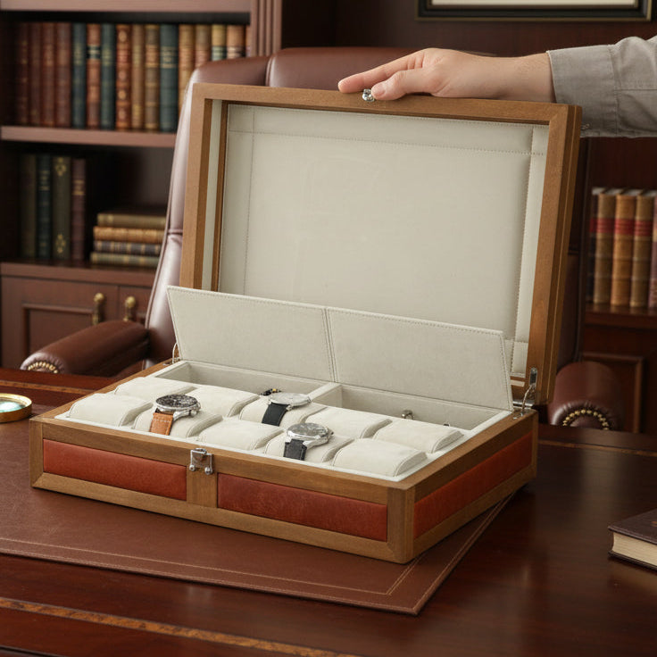 İçi bej renkli gerçek oğlak süet kaplı dışı kahverengi renkli dana derisi 10'lu saat kutusu