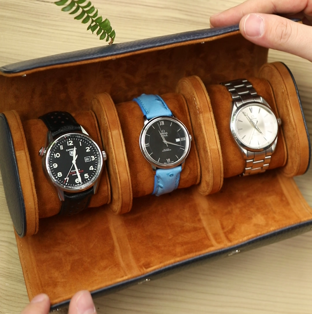 Dışı lacivert renkli dana derisi içi oğlak süet el yapımı deri saat kutusu