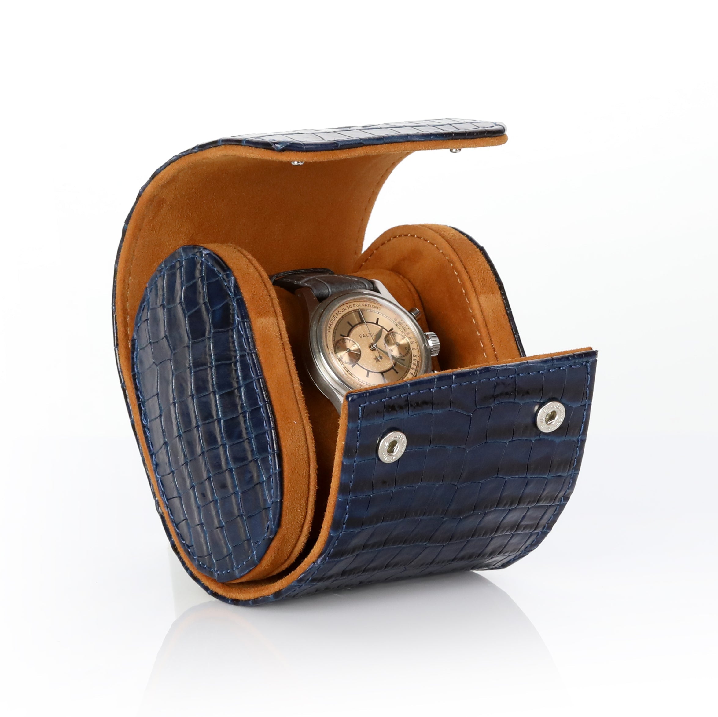 Dışı lacivert renkli dana derisi içi oğlak süet tekli saat kutusu 