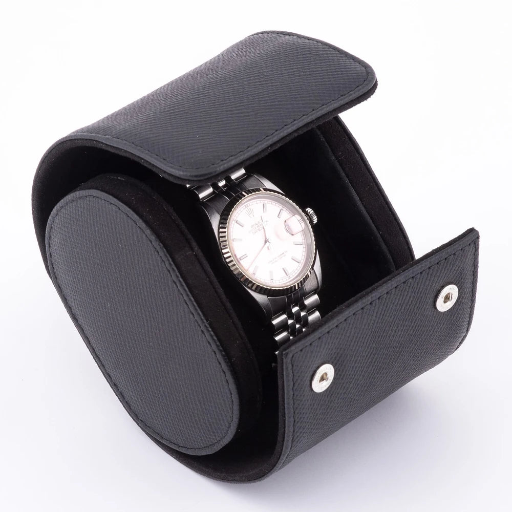Dışı siyah renkli dana derisi içi oğlak süet vader tekli saat kutusu