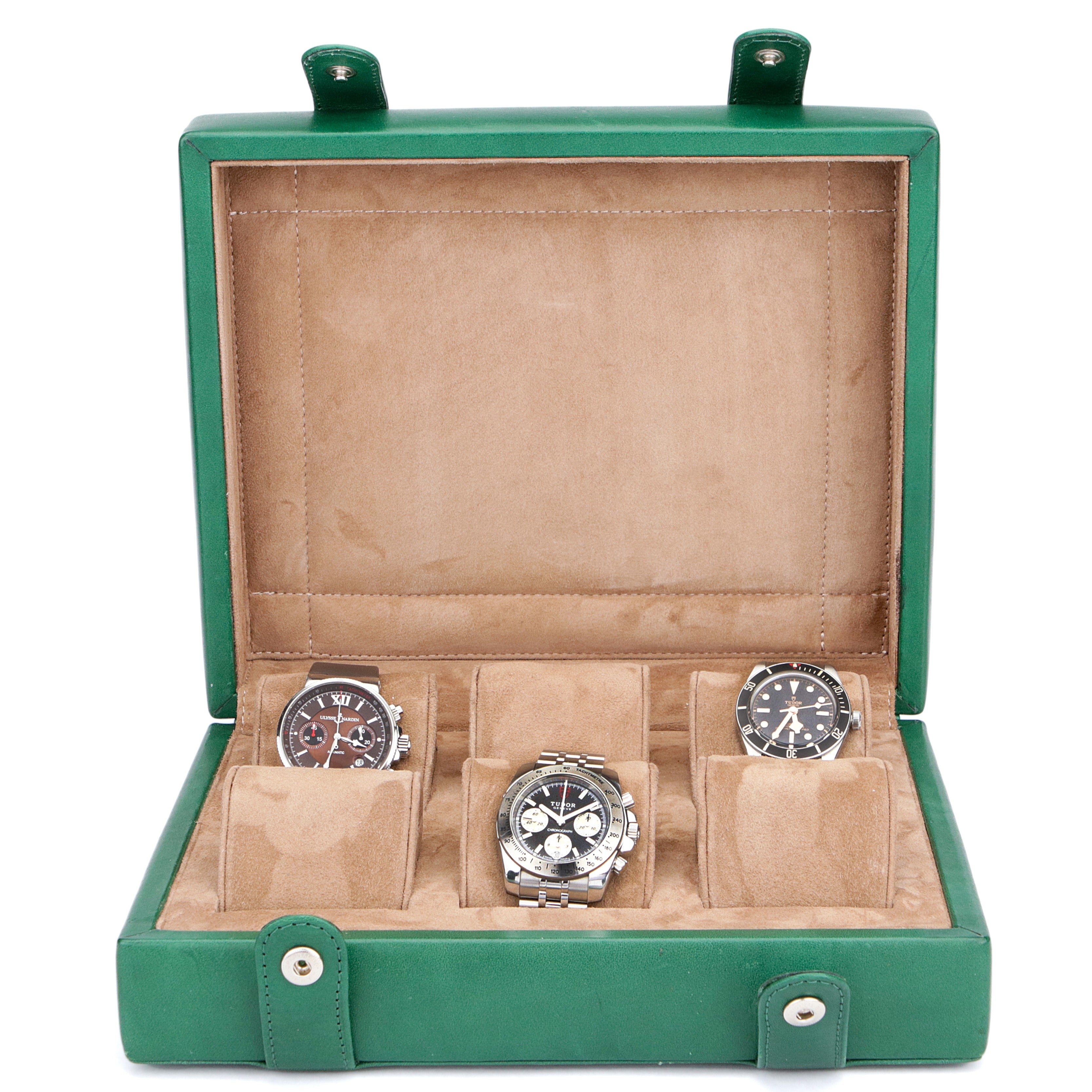 dışı yeşil renkli içi moka renkli 6'lı saat kutusu